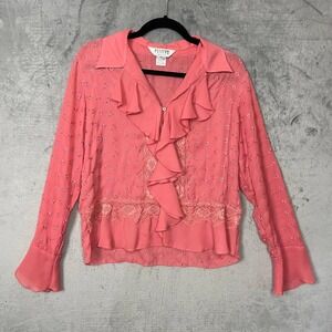 Coquette Romantic Sheer Chiffon Ruffle Lace Blouse Medium Fairy Feminine Dainty